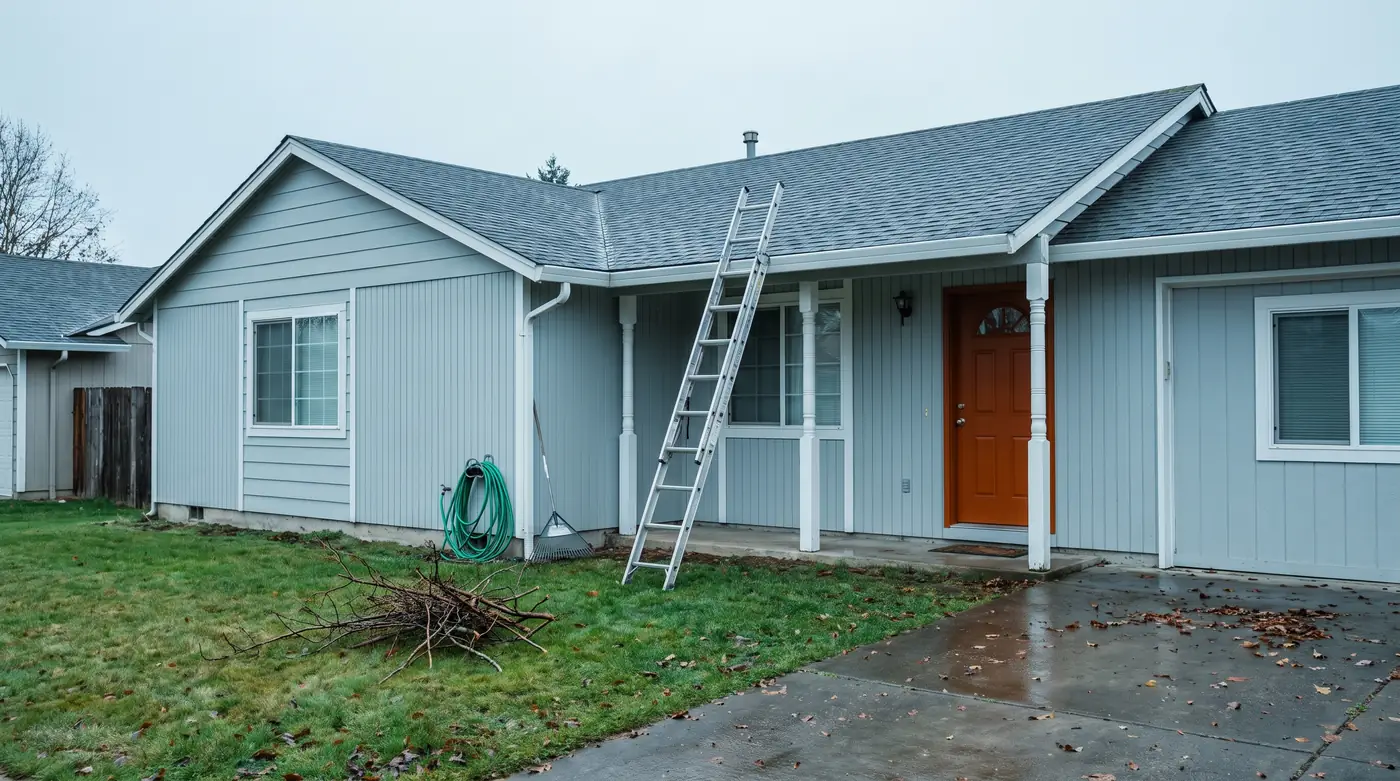 A single storey house with a ladder leaning by the porch, a coiled hose and a small pile of trimmed branches on the lawn.